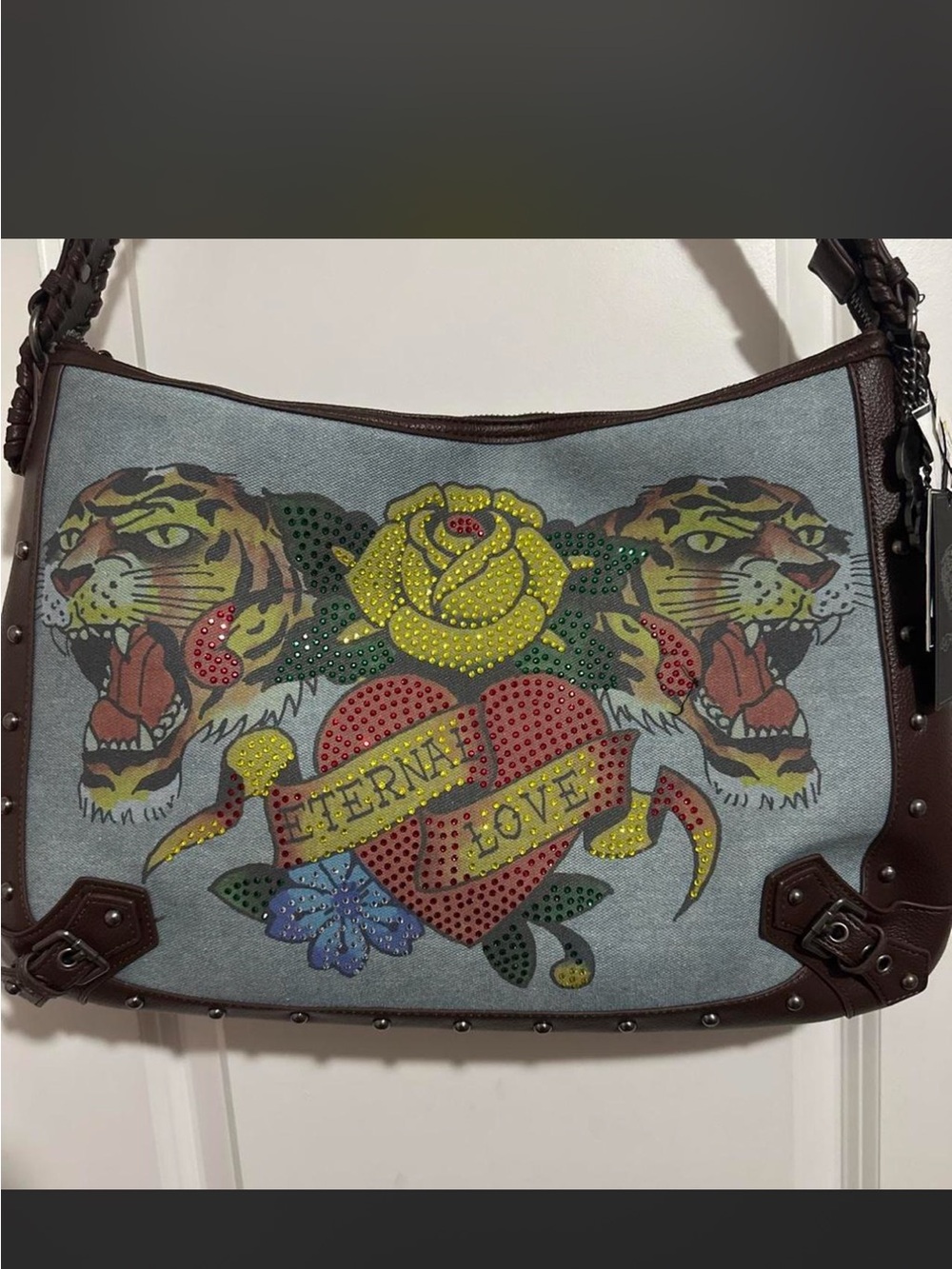 Ed Hardy Women’s Blue Canvas BohoShoulder Bag with Floral & Tiger Embellishments